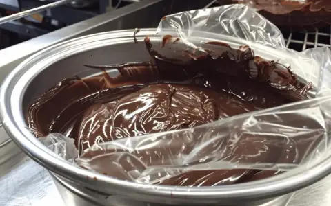 Ganache au chocolat, prête à refroidir au congélateur dans un bol en métal, recouverte d'une pellicule plastique.