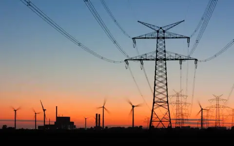 Zachód słońca nad krajobrazem z wiatrakami i liniami wysokiego napięcia. Tauron zapewnia energię w sieci.