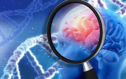 Badanie mózgu pod lupą, ukazujące jego strukturę i potencjalne problemy, jak katatonia. W tle widoczne helisy DNA.