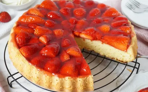 Ein saftiger tortenboden mit erdbeeren, bedeckt mit glänzendem Tortenguss. Ein Stück wurde bereits entnommen, um die köstliche Füllung zu zeigen.