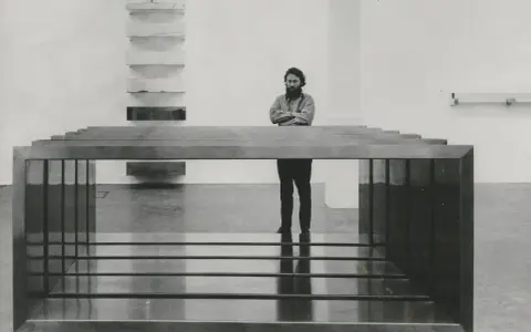 A man stands with arms crossed, contemplating a minimalist installation of Donald Judd art, featuring stacked shelves and a long, rectangular sculpture.