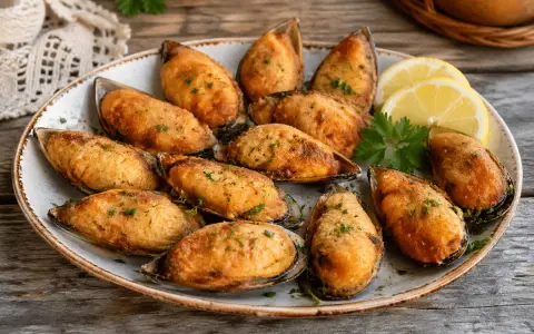 Mejillones tigre gallegos gratinados, listos para disfrutar. Una deliciosa receta gallega.