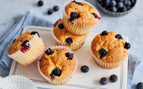 Saftige vegane Blaubeermuffins mit frischen Blaubeeren, auf einem weißen Teller mit blauer Serviette.