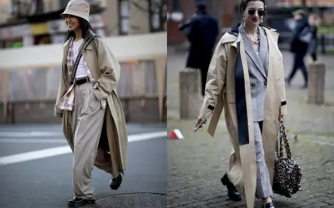 Due donne con trench eleganti. La prima con cappello a secchiello e pantaloni ampi, la seconda con blazer a quadri. Si può mettere il trench di sera per un look chic.