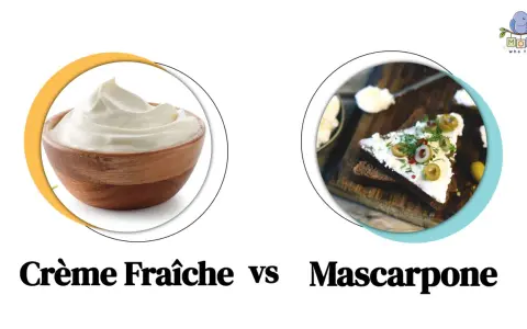 Crème fraîche on the left, mascarpone on a slice of bread with olives on the right.