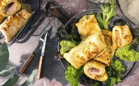Herzhafte Pfannkuchen gefüllt mit Schinken und Käse, serviert mit frischem Salat. Ein Genuss für jeden Gaumen!