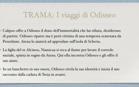 Riassunto: Odisseo rifiuta l'immortalità, affronta tempeste e incontra Nausicaa. Racconta la sua odissea.