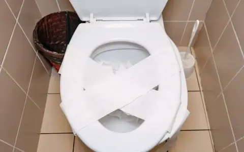 Inodoro blanco con papel higiénico cruzado sobre la tapa, listo para desatascar wc. Cerca, un cesto de basura y un cepillo.