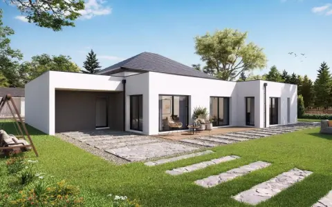 Maison plain-pied 100m2 avec garage, terrasse en bois, jardin verdoyant et balançoire. Prix attractif pour ce bien.