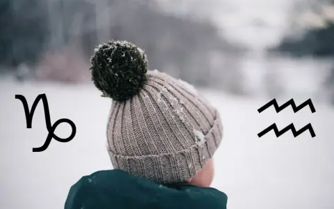 Znak Koziorożca i Wodnika, symbolizujące osoby urodzone w styczniu. Dziecko w zimowej czapce na tle śnieżnego krajobrazu.