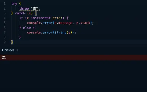 Kod JavaScript z blokiem `try...catch`. `if (e instanceof Error)` sprawdza typ błędu.