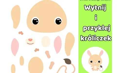 Proste wycinanki dla dzieci do druku: elementy do złożenia uroczego króliczka.