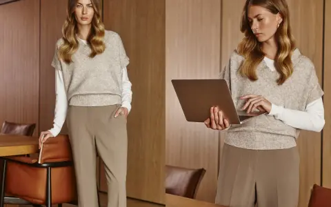 Elegancki strój damski: beżowy sweter bez rękawów na białej bluzce, brązowe spodnie. Kobieta z laptopem.