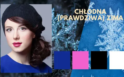 Chłodna zima kolory: kobieta w czarnym beretce i niebieskiej sukience, płatki śniegu, paleta barw: niebieski, różowy, czarny, biały.
