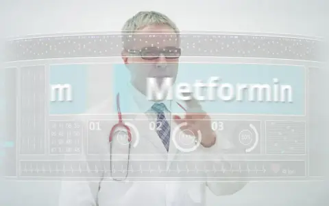 Lekarz analizuje dane na interaktywnym ekranie, gdzie widnieje nazwa "Metformin" i wskaźniki, sugerujące analizę potencjalnych metformina skutki uboczne.
