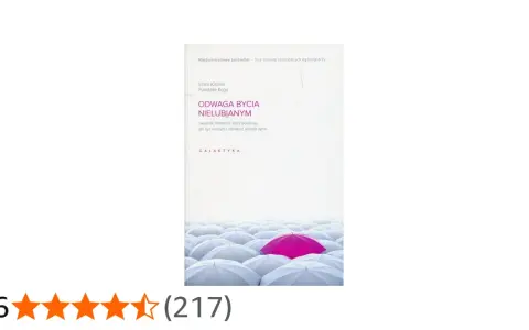 Okładka książki "Odwaga bycia nielubianym" z różowym parasolem wśród białych.