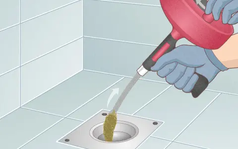 Gloves on, a drain snake is used to clear a clog from a shower drain. This illustrates how to snake a drain.