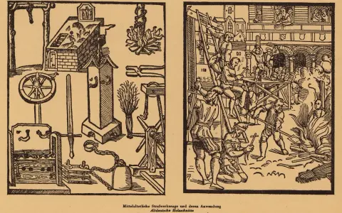 Ein **holzschnitt mittelalter** zeigt grausame Strafen: Folterwerkzeuge, ein Scheiterhaufen und Hinrichtungen.
