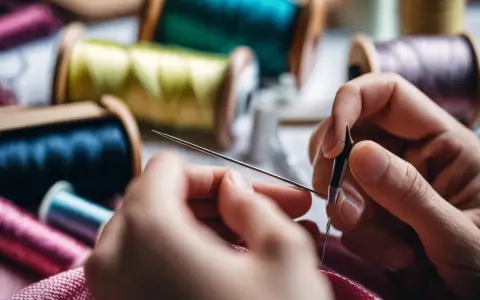 Des mains expertes montrent comment enfiler une aiguille, entourées de bobines de fil colorées.