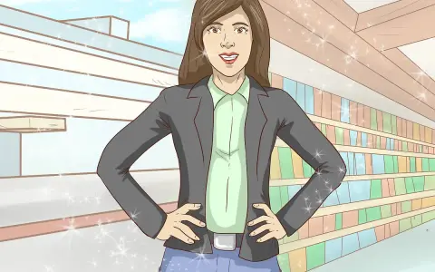 Donna con giacca e camicia, pronta a cambiare look. Sfondo con libreria e edificio moderno.