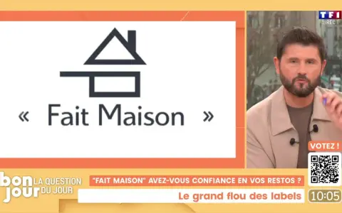 Logo "Fait Maison" sur un fond blanc, avec un homme à droite. Le débat porte sur la cuisine faite maison et la confiance dans les restaurants.