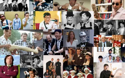 Collage di scene da film che fanno ridere: comici classici, attori in situazioni buffe e momenti memorabili di commedie.