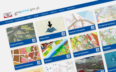Ort fotomapa co to? Na ekranie geoportalu.gov.pl widać kafelki z różnymi mapami: krajobraz, dane, geodezja, rolnictwo, ochrona środowiska, turystyka.