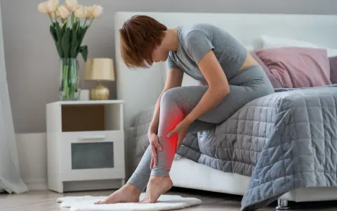 Femme assise sur un lit, se tenant la jambe douloureuse, souffrant de crampes nocturnes.