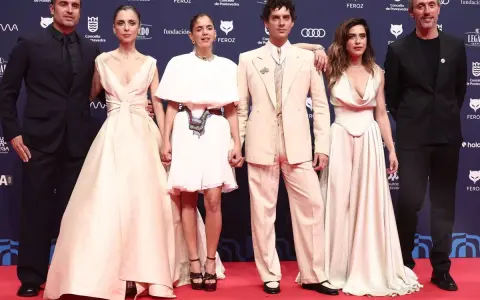 Seis personas posan en la alfombra roja de los premios Feroz.