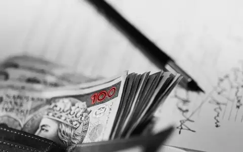 Stos banknotów 100 zł w portfelu, obok długopis i dokumenty. Może to być umowa, gdzie kara umowna jest zapisana.
