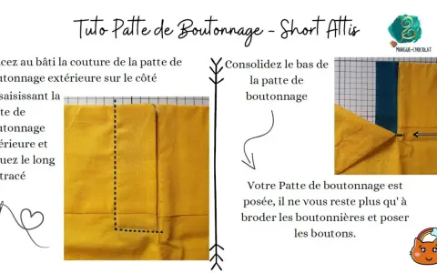 Tuto pour réaliser une patte de boutonnage sur un short. Les étapes montrent comment coudre et consolider la patte.