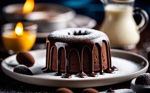 Un délicieux fondant au chocolat, nappé de glaçage et saupoudré de sucre glace, prêt à être dégusté.