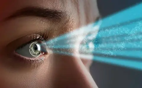 Occhio con fascio laser blu che simboleggia la capsulotomia yag laser convalescenza.