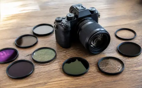 Appareil photo noir entouré de plusieurs filtres pour la photo, dont un filtre UV.