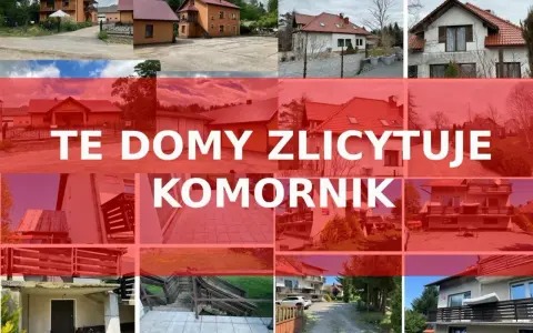Kolaż zdjęć domów z napisem "TE DOMY ZLICYTOWUJE KOMORNIK". Okazja do zakupu nieruchomości na licytacja komornicza.