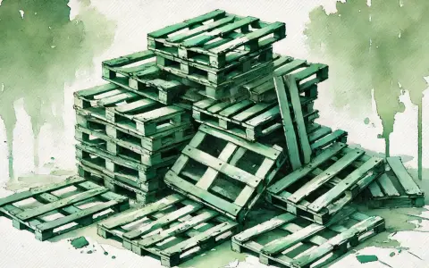 Stos zielonych, drewnianych palet. To materiał, który może być traktowany jako kod odpadu drewno, gotowy do recyklingu lub ponownego wykorzystania.