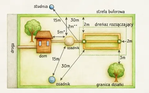Schemat montażu szamba: dom, studnia, osadnik i drenaż rozsączający na działce z zachowaniem odległości.