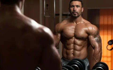 Muskulös man i gym speglar sig. Hans resa att gå ner i vikt och bygga muskler syns tydligt.