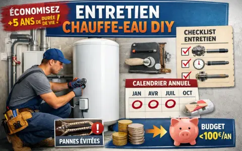 Un technicien effectue l'entretien d'un chauffe-eau. Un calendrier et une liste de contrôle suggèrent un entretien régulier pour éviter les pannes et économiser.