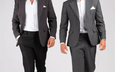 Two men in suits. The one on the left wears a dark grey sport coat with black pants. The one on the right wears a medium grey suit. Both are dressed for a wedding.