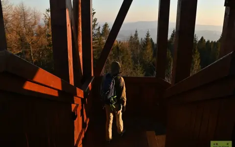 Turysta wchodzi po drewnianych schodach na wieżę widokową, podziwiając panoramę gór.