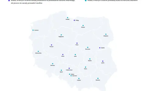 Mapa Polski z zaznaczonymi miastami, gdzie uczelnie medyczne w Polsce prowadzą studia lub otrzymały pozwolenie.