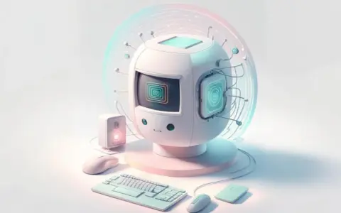 Un ordinateur au design futuriste, entouré d'accessoires, symbolise un expert en communication digitale.