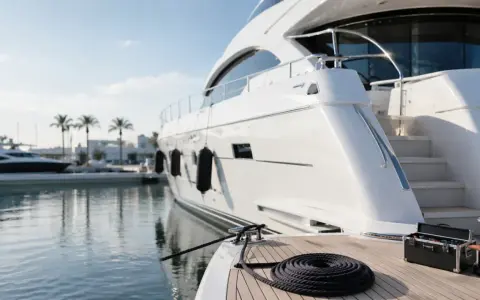 Yacht de luxe amarré, prêt pour l'aventure. Le coût d'entretien d'un bateau de 15 mètres inclut le plaisir de tels moments.