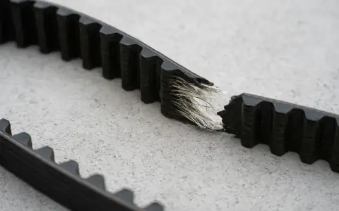 Cinghia di distribuzione usurata sintomi: la cinghia è spezzata, con fili scoperti che indicano un grave deterioramento.