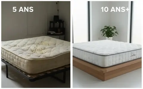 Comparaison de la durée de vie d'un matelas : un vieux matelas usé à 5 ans et un nouveau matelas impeccable à 10 ans+.