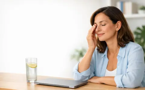 Donna con gli occhi che battono, appoggiata a un tavolo con un bicchiere d'acqua e limone e un laptop chiuso.