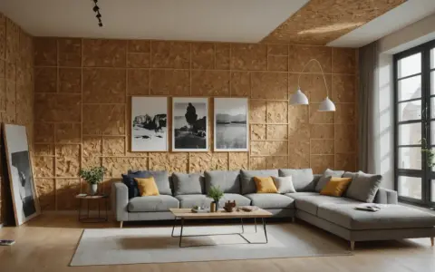 Salon moderne avec murs et plafond recouverts de **pièces en OSB**. Un canapé gris confortable, une table basse en bois et des tableaux noirs et blancs complètent l'espace.