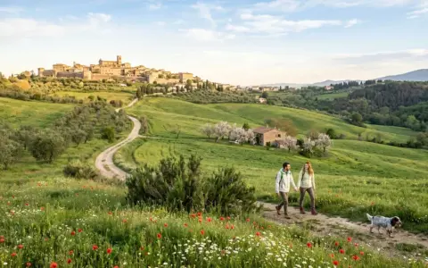 Coppia passeggia con cane tra fiori e ulivi, con un borgo medievale sullo sfondo, tipico dei borghi vicino Arezzo.