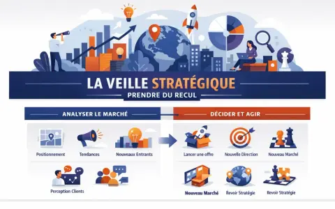 Illustration de la veille stratégique : analyse du marché (positionnement, tendances, nouveaux entrants, perception clients) et décision d'agir (lancer offre, nouvelle direction, nouveau marché, revoir stratégie). Ces outils de veille guident l'action.